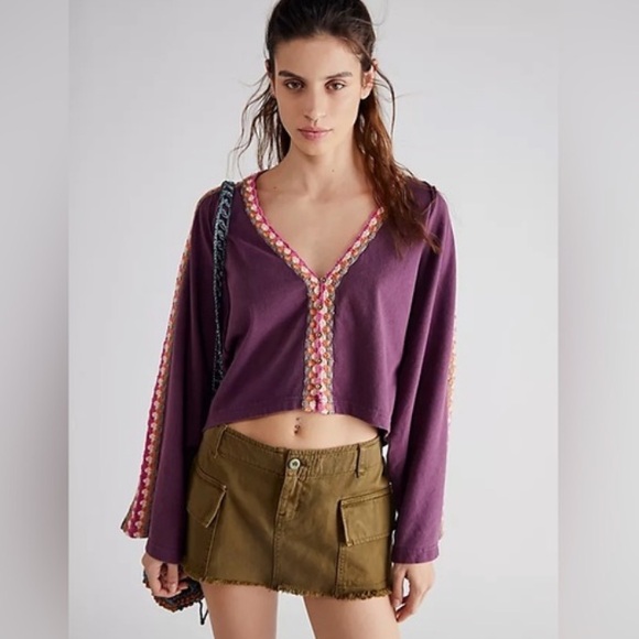 Free People We the Free Crochet Trimmed Oversize Tee Top W-909 Sz M - Picture 1 of 12